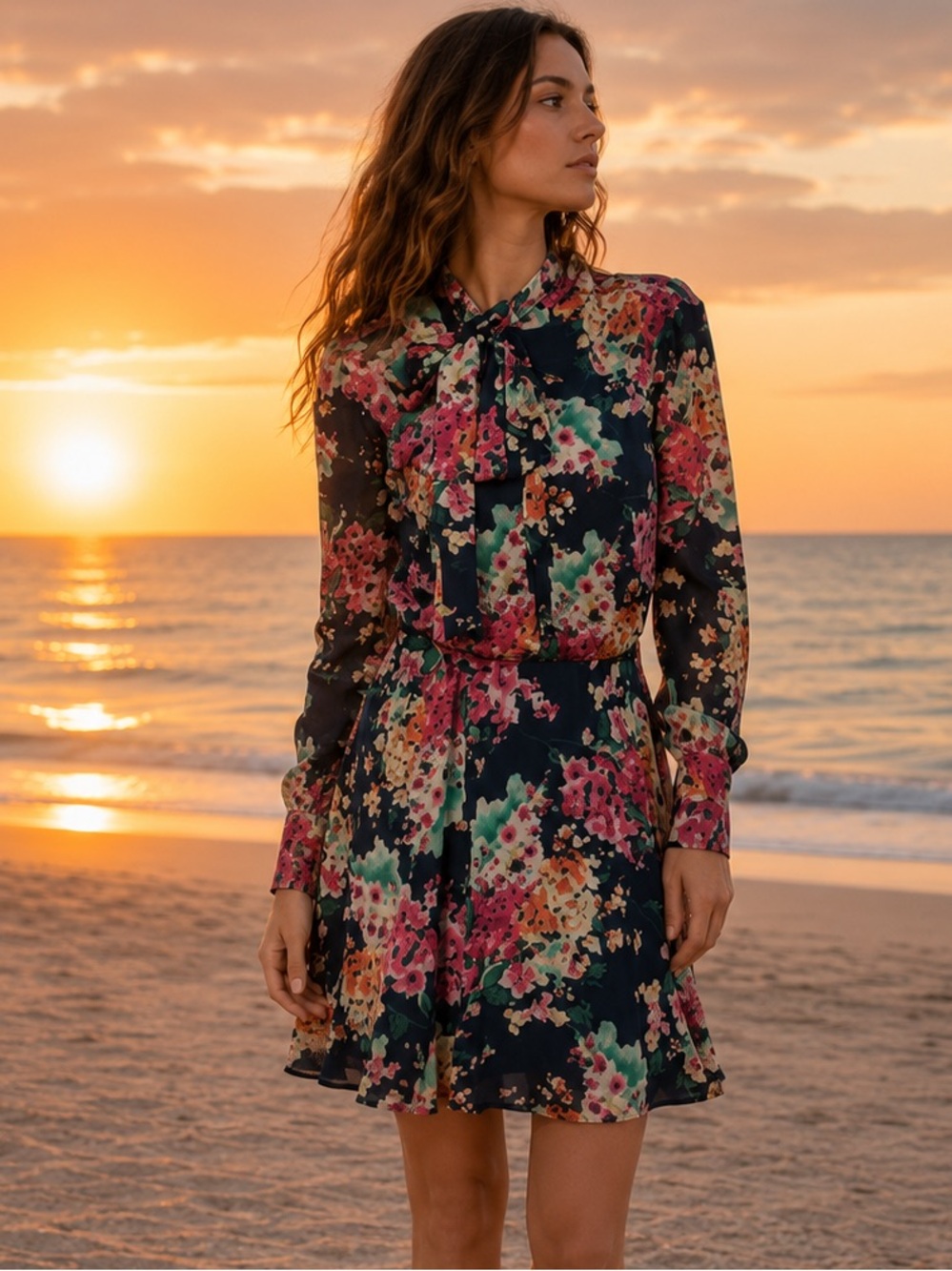 JayGodfrey Navy Pink Floral Jill Tie Neck Lined Dress Size XS